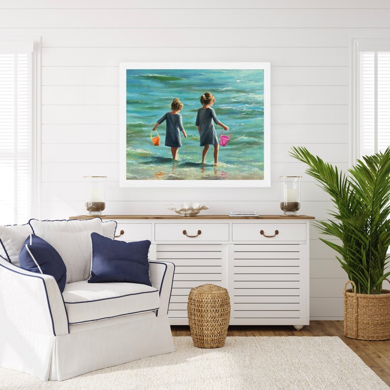 Children Playing on the Beach Painting PRINT, Sisters Portrait Artwork ...