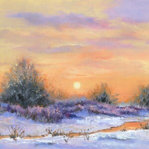 Winter moody landscape ORIGINAL oil painting, Snowy frozen river artwork, Ligth sunrise painting, Soft tones snowscape, Misty nature morning