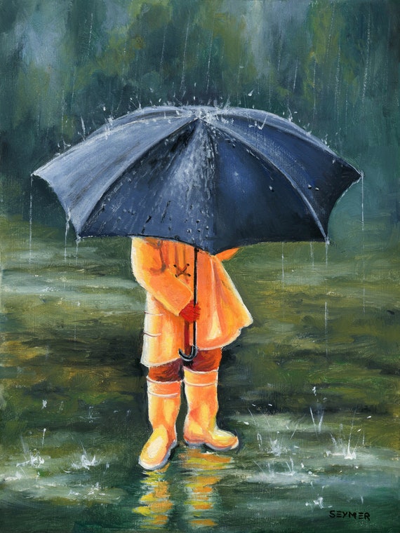 Lluvia y paraguas, cuadro original, Óleo sobre Tabla, comprar cuadros