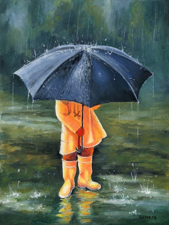 Lluvia y paraguas, cuadro original, Óleo sobre Tabla, comprar cuadros