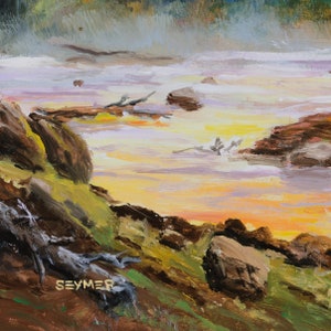 May include: An oil painting depicting a landscape with a rocky shoreline in the foreground, featuring brown and green earth tones. The water reflects a bright yellow and orange sunset, with visible brushstrokes and the signature SEYMER in gold.