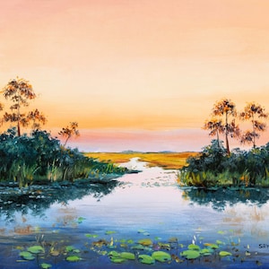 Everglades National Park original oil painting, Florida landscape, Swamp water lily art, Florida marshland River of grass Beach house decor