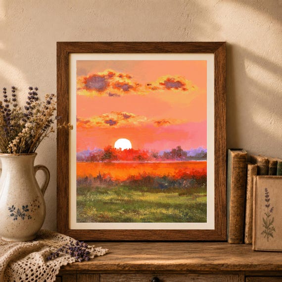 印象派のカラフルな風景画、鮮やかな夕焼けのアート、赤い空の太陽の光