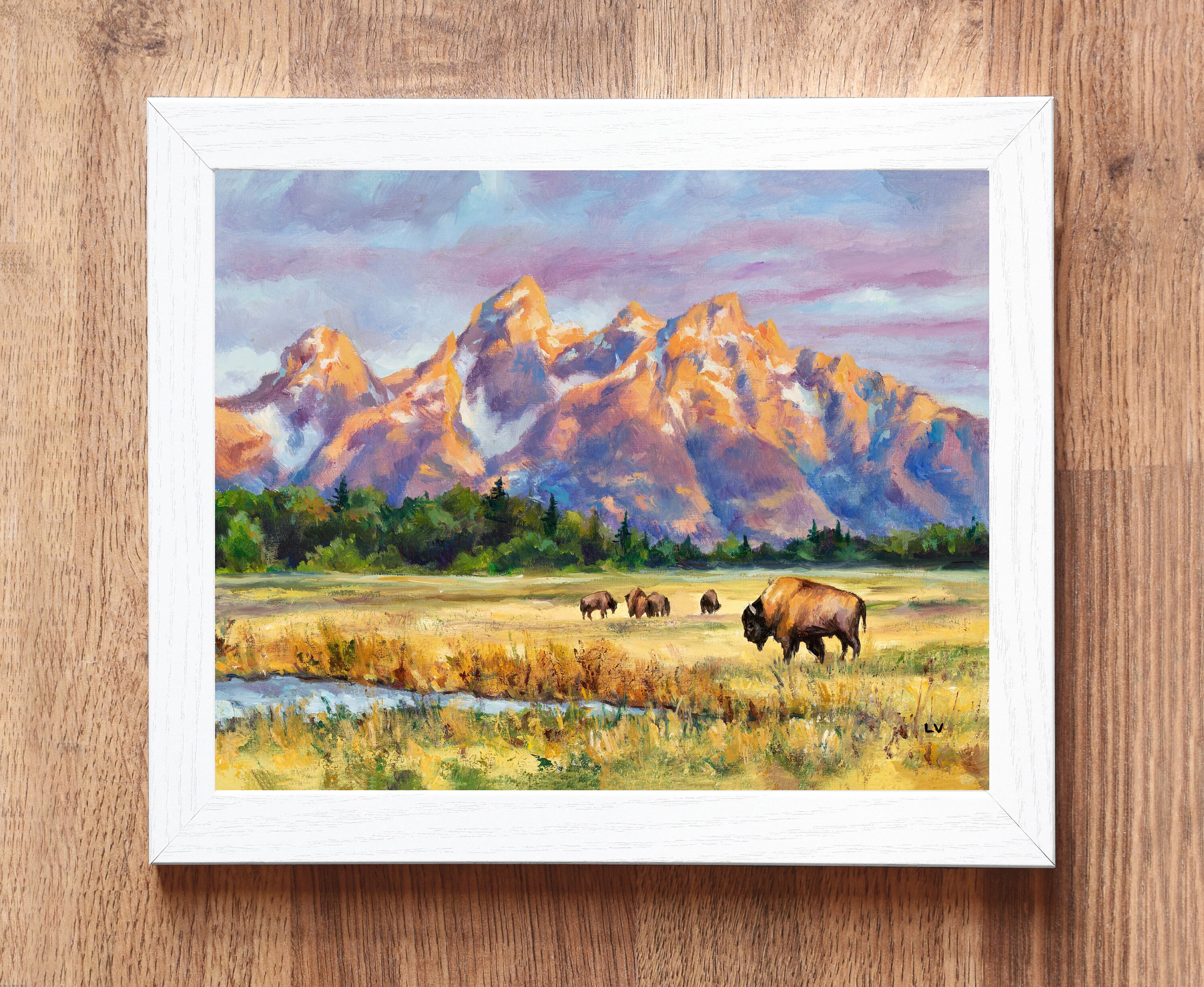 ワイオミング山脈のオリジナル絵画、ティトンの風景画、バイソン