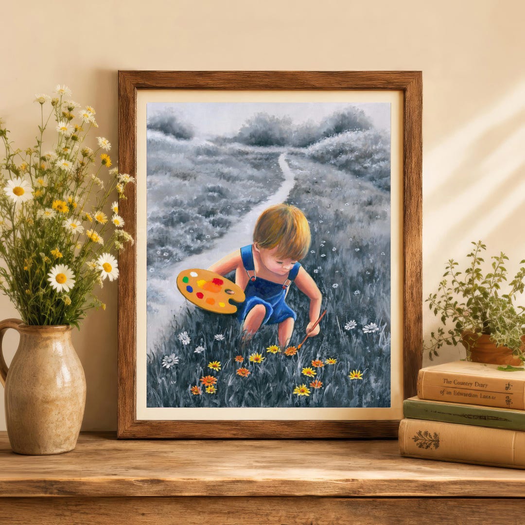 KID 油絵アート Happy Kids Painting PRINT, Art of Childhood, Black and White Art