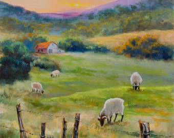 ORIGINAL rural art farm, Sheep pastoral field scene, Countryside landscape, Red barn farmhouse, Meadow framed oil painting Cottagecore decor