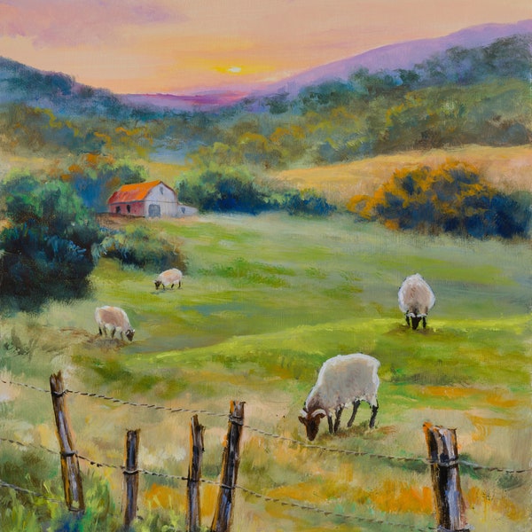 ORIGINAL rural art farm, Sheep pastoral field scene, Countryside landscape, Red barn farmhouse, Meadow framed oil painting Cottagecore decor