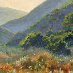 Painting landscape ORIGINAL, Mountains landscape, Trees landscape oil painting, Panoramic California landscape art, Flowers field landscape