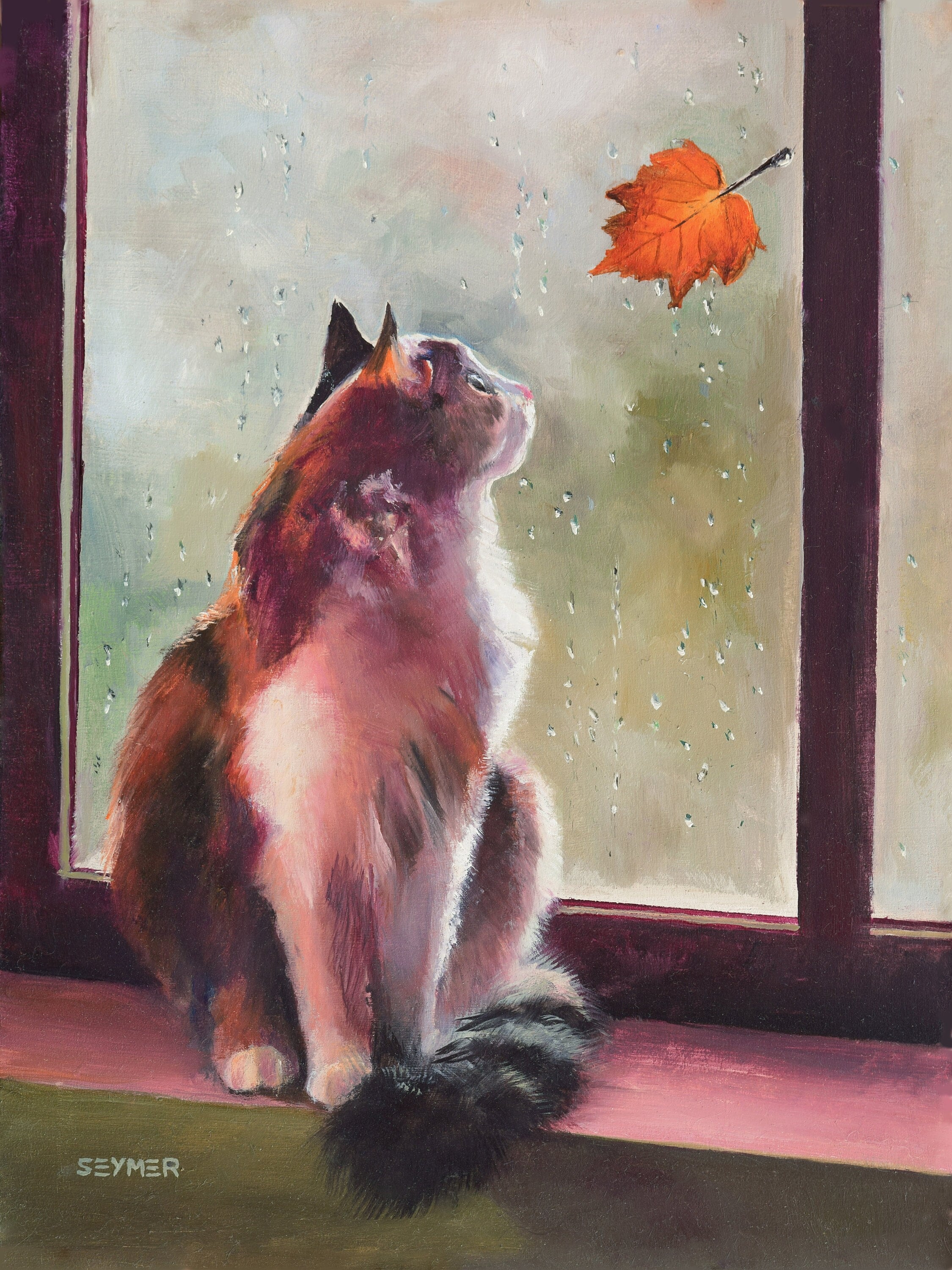 油絵　ネコ 猫の肖像画のオリジナル油絵、素朴なコーナーの装飾のための窓辺の猫の