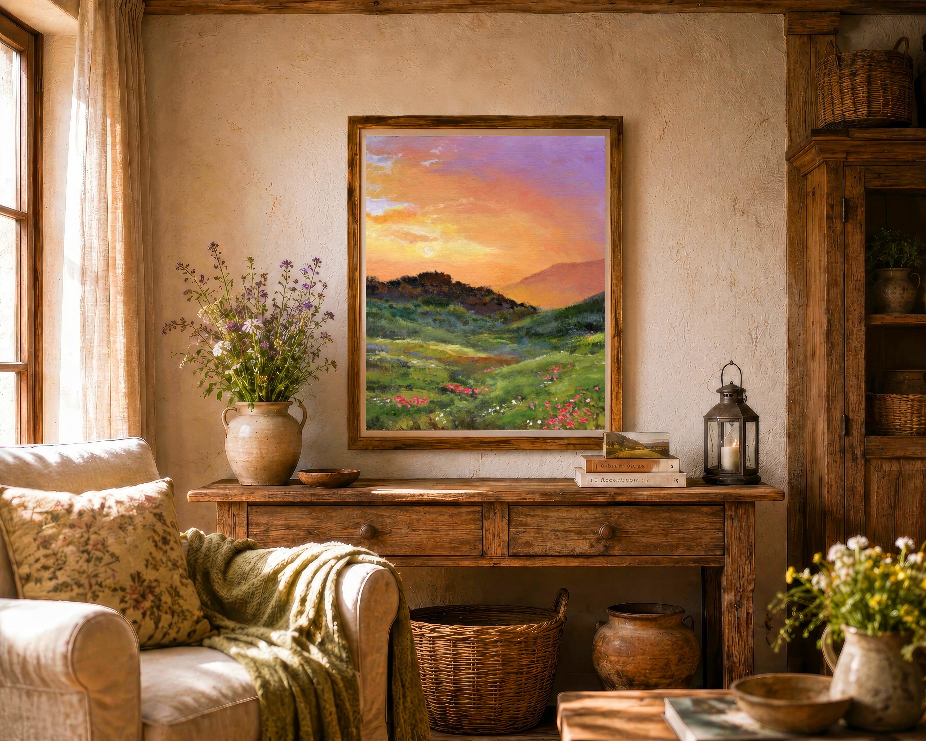 夕日の風景油絵オリジナル、額装された田園風景画、モダンな農家風絵画