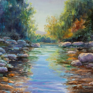 Painting ORIGINAL Buffalo national river, Ozark mountains landscape Arkansas, water reflections wall art realistic river cabin decor rural