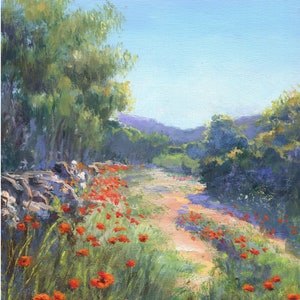 Poppies landscape ORIGINAL painting, Wildflover meadow, Trees oil painting, Orange poppies spring landscape, Path flowers art, Countryside