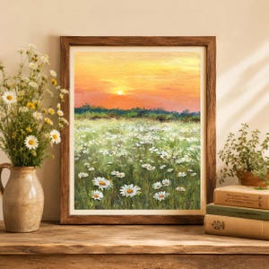 Wildflower art PRINT Daisy field artwork Floral spring art Meadow flower Daisy landscape oil painting Cottage decoration Sunset field print