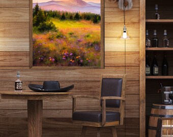 PNW オリジナル絵画、野生の花の春の風景、コロンビアの丘の壁画、谷の