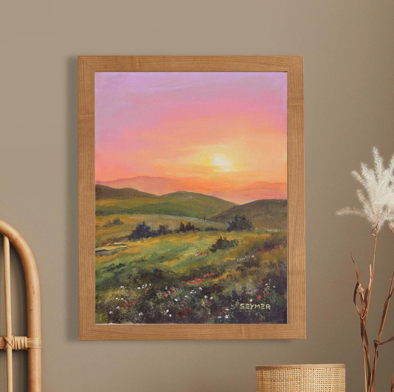 Countryside Landscape Art PRINT, Mountains Field Flowers Painting