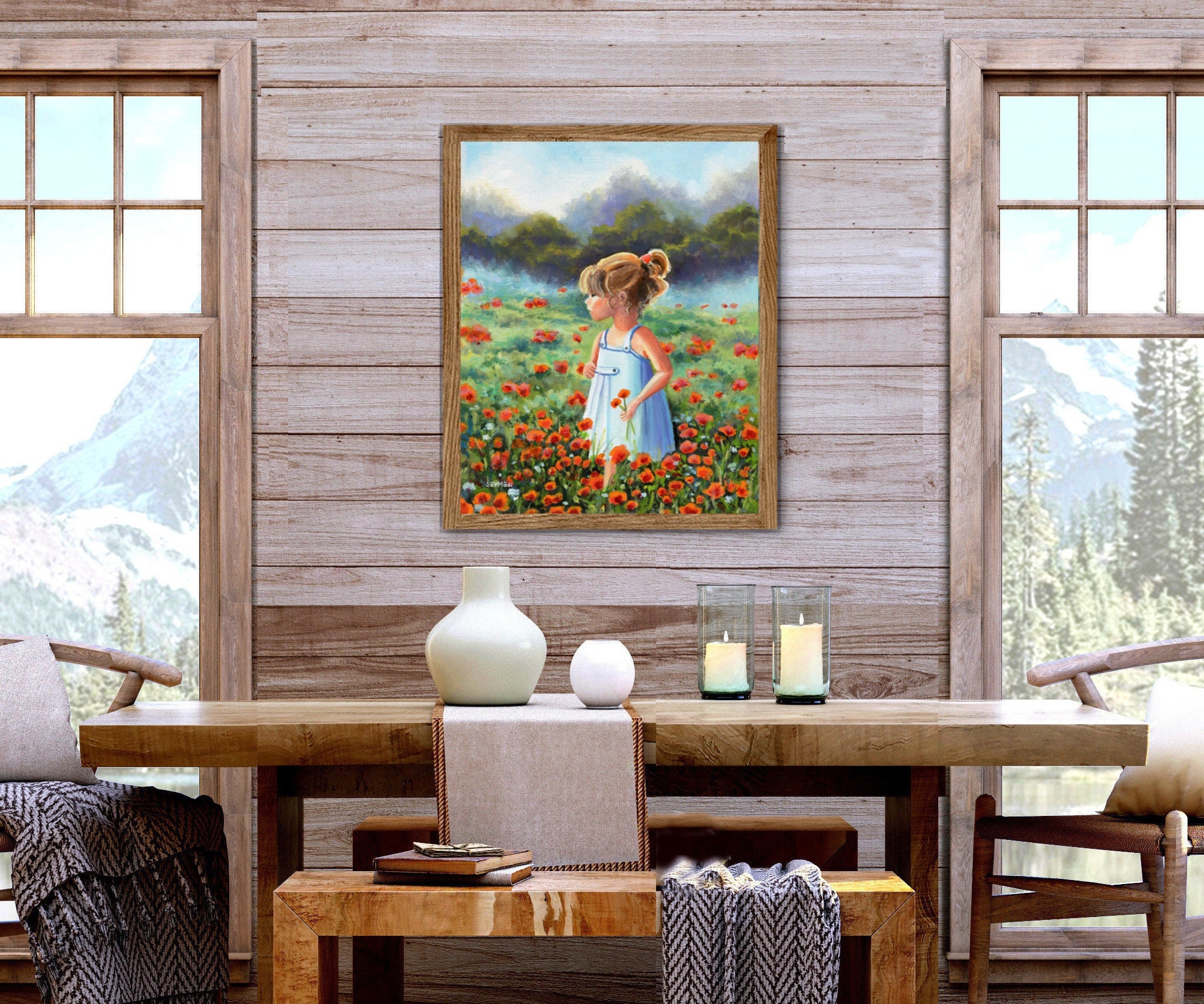 小さな女の子の絵 プリント 子供の油絵 野原の少女 小さな女の子の田舎