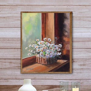 Daisy still life art PRINT, Flower bouquet painting, Rustic kitchen wall art, Floral still life artwork, Antique oil painting, Cottage decor
