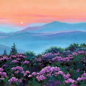 May include: An oil painting depicting a landscape with a field of vibrant purple flowers in the foreground, rolling blue mountains in the distance, and a soft peach and pink sunset sky. The artist's signature, SEYMER, is visible in the bottom left.