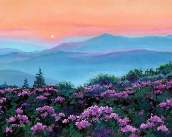 Panoramic landscape painting ORIGINAL Smoky mountains wall art Tennessee landscape oil painting Skyline drive art Sunset purple wildflowers