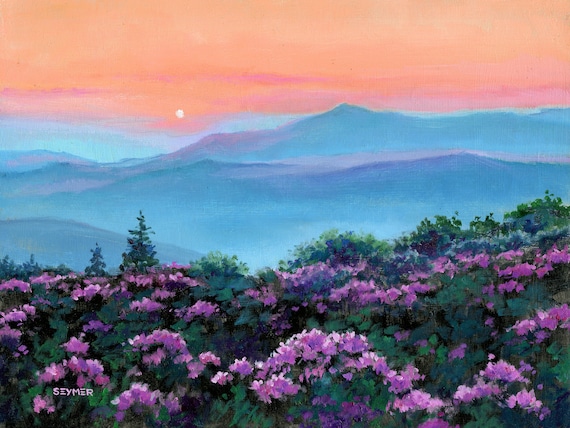 Panoramic landscape painting ORIGINAL Smoky mountains wall art Tennessee landscape oil painting Skyline drive art Sunset purple wildflowers