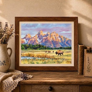 Grand Teton National Park bisons PRINT, Snowy rocky mountains oil painting, Mountain lake landscape print, Ranch wall art, Hiking lover gift