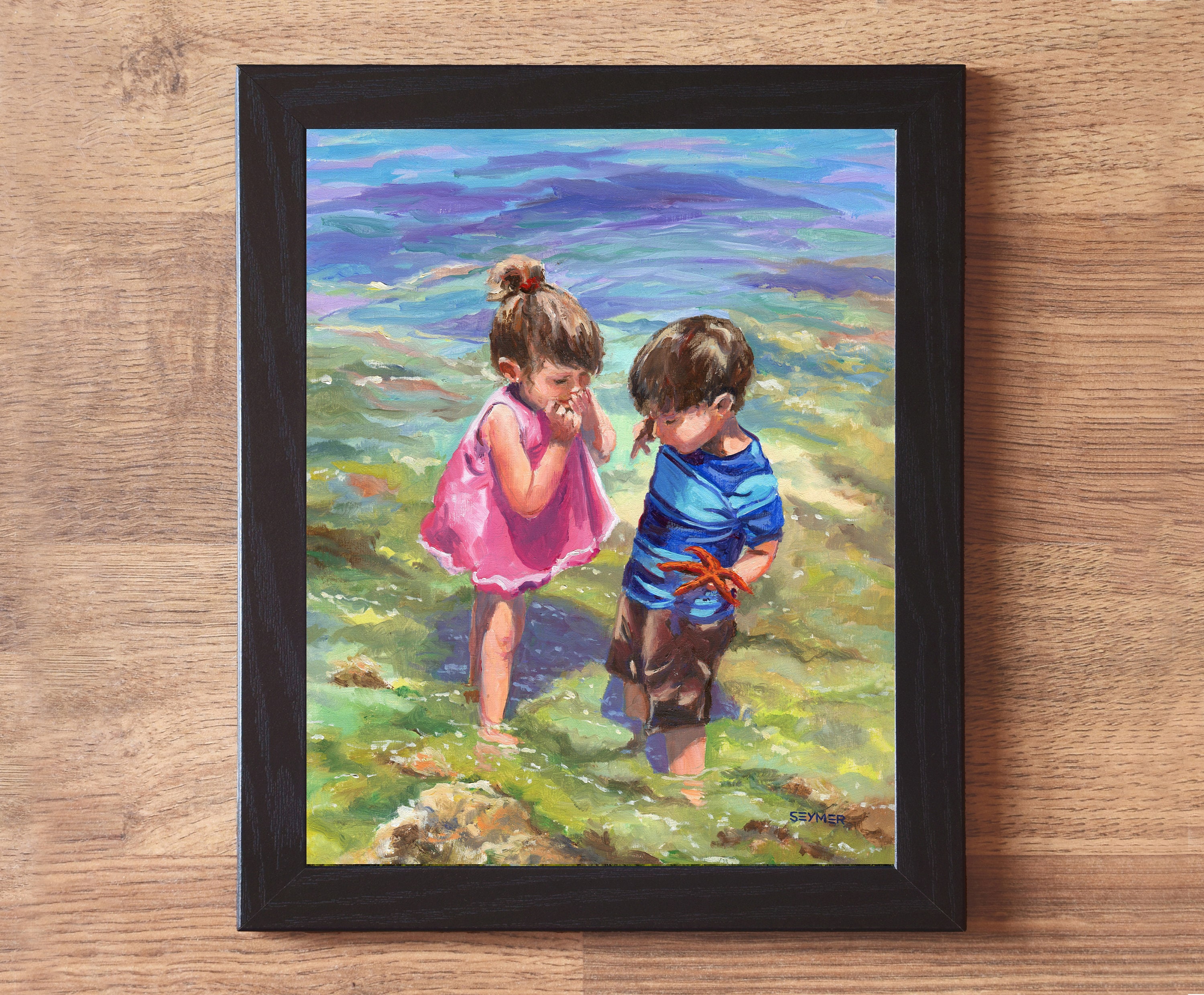 子供たちが遊ぶオリジナル油絵、夏の写実的な油絵（パネル）、感情豊か