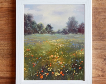 野花の風景画、花のあるフィールドのアート、農家の壁の装飾のための
