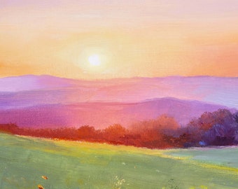 野の花のオリジナル絵画、草原のデイジーの風景、夕焼けの野の花の