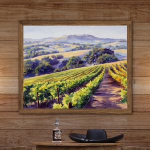 Stampa giclée di una regione vinicola, opera d'arte a olio di un vigneto della California, dipinto di un paesaggio di campi soleggiati, poster della Napa Valley, regalo per gli amanti dei viaggi