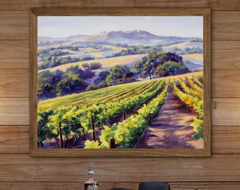 Wine country giclee art PRINT, California vineyard oil artwork, Sunny fields landscape painting, Napa valley poster, Travel lover gift