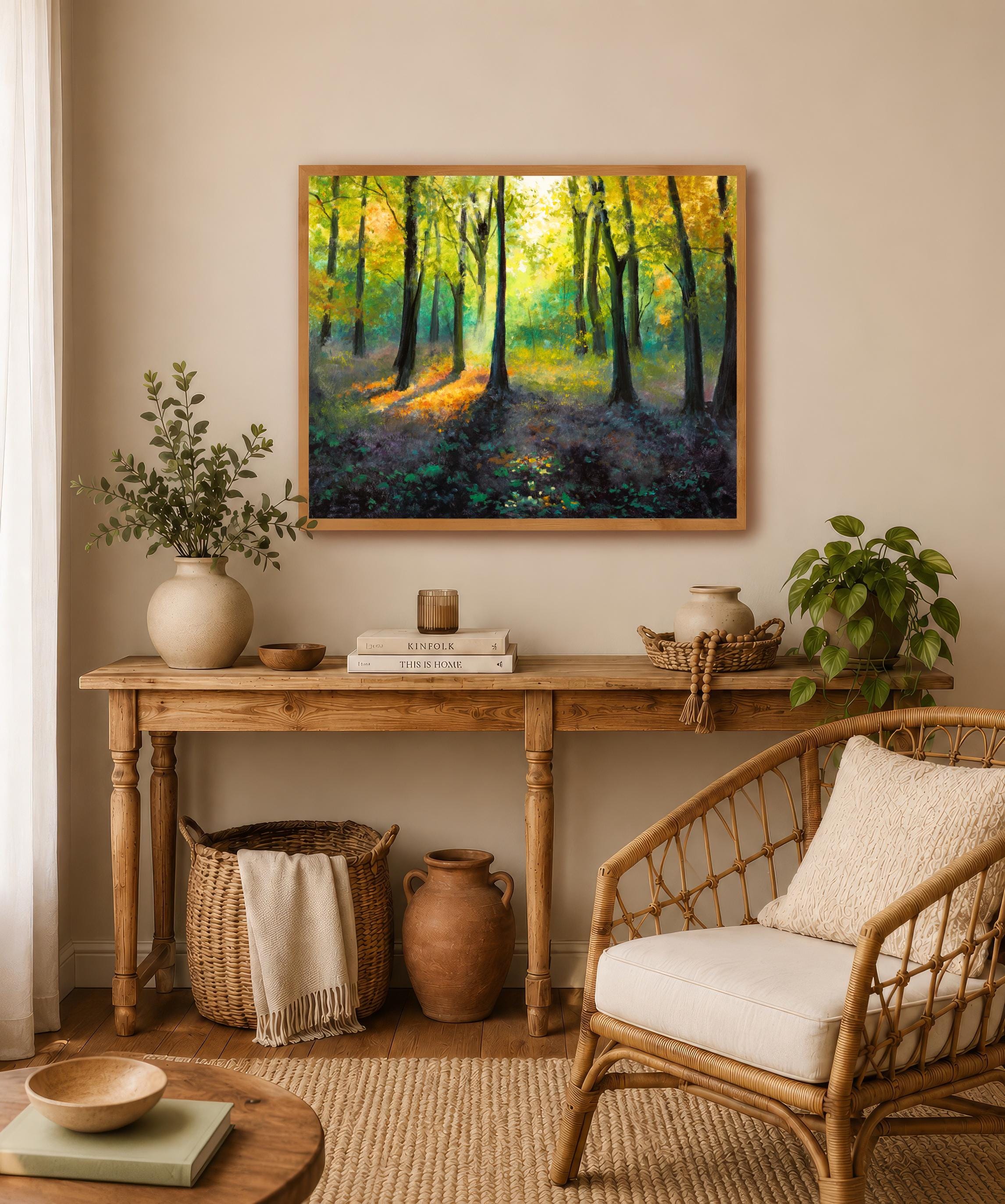Forest Painting PRINT, Woods Landscape Colorful Tree Misty Light