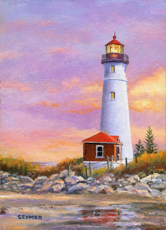 Lighthouse ORIGINAL Painting Sunset Beach Art Framed Crisp Point