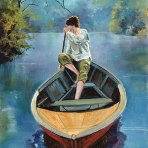 Fisherman painting ORIGINAL, swamp landscape boats painting, Fishing boat lake art, Boat pleasure canoe, Lake house decor, Framed small art