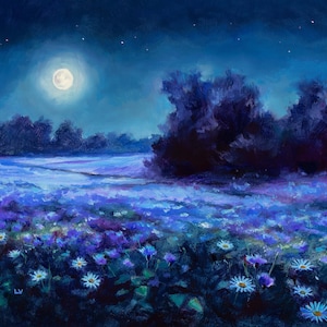 Nocturne landscape oil painting, Night flower field ORIGINAL artwork, Night sky with stars wall art Twilight moon, Relazing outdoor wall art