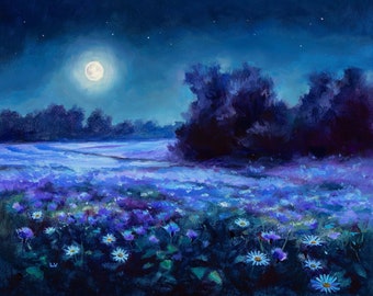 Nocturne Landscape Oil Painting, Night Flower Field ORIGINAL