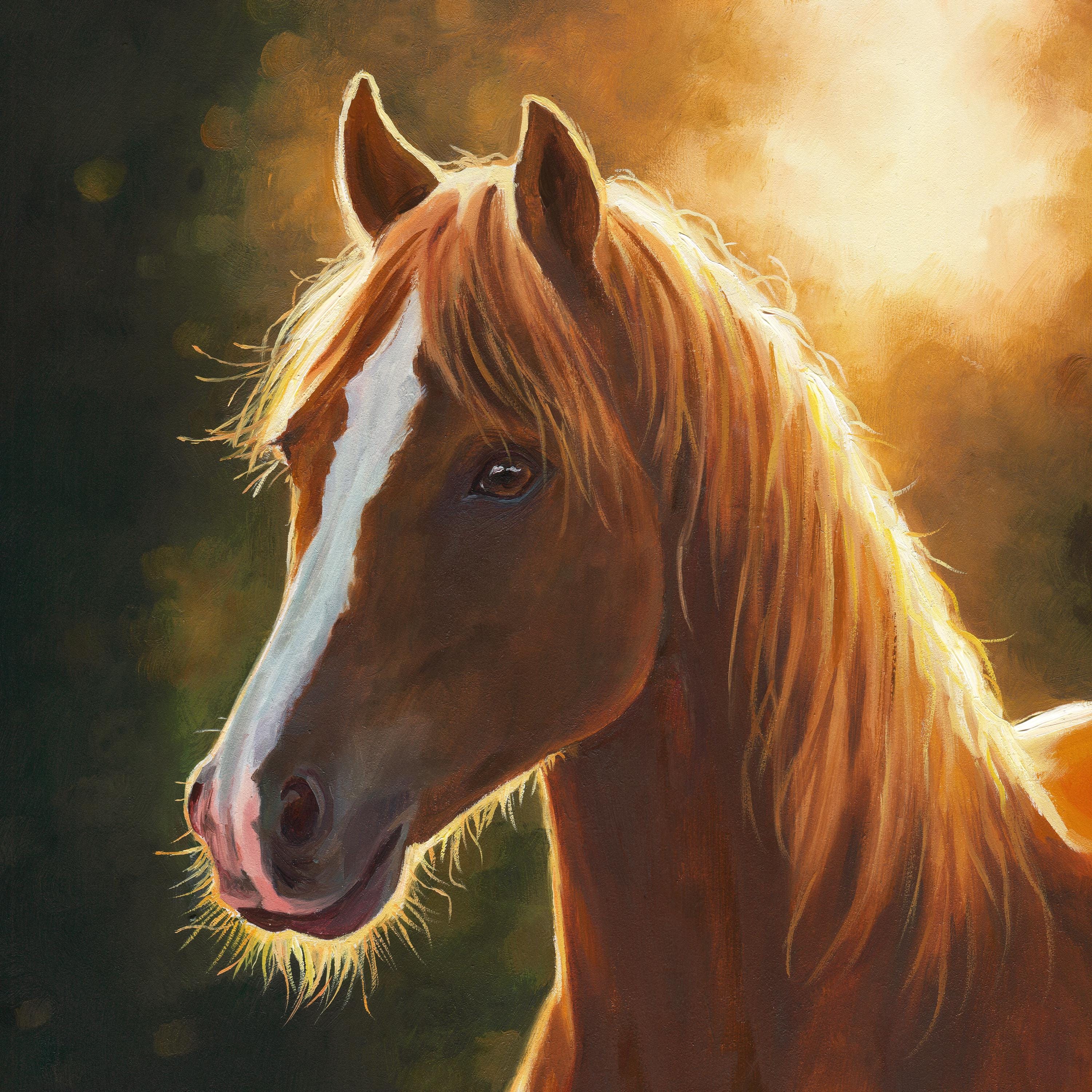 栗毛の馬の油絵オリジナル、茶色と白の馬の肖像画、小さな馬のアート