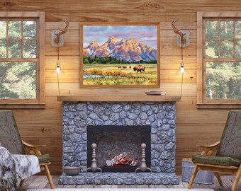 ウッド作 テトンズ川 ワイオミングの流れ 油絵 ウッド作 テトンズ川