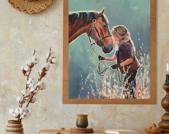 少女と馬の絵画オリジナル、カウボーイの馬のアートワーク、南西部の