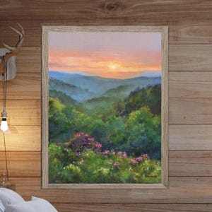 Blue Ridge oil painting print, Mountains panoramic wall print, American landscape artwork, Spring flowers print Landscape, Countryside art