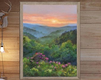 Blue Ridge oil painting print, Mountains panoramic wall print, American landscape artwork, Spring flowers print Landscape, Countryside art