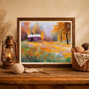 Impresión de arte mural con vibraciones otoñales, arte de paisaje otoñal, pintura acogedora de cabaña otoñal, campo de flores silvestres moradas y naranjas, regalo de casa de campo para mamá