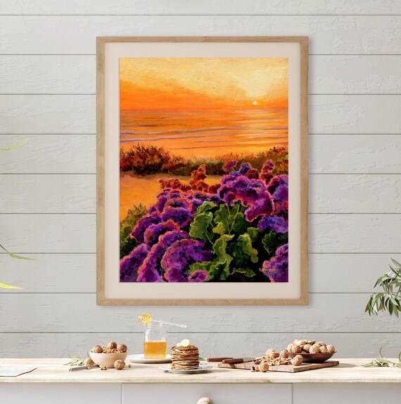 California beach sunset art PRINT, Vintage seascape painting, Coastal farmhouse, Beach house wall art, Nautical artwork, Rocks and beach