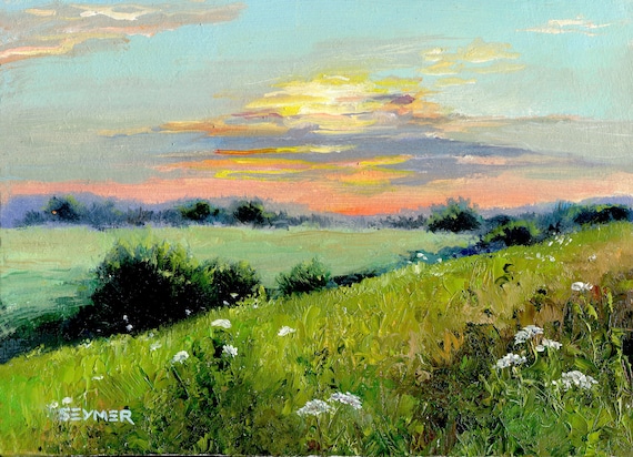 オリジナルのトスカーナ風景画、夏の草原の油絵、野の花のアートワーク