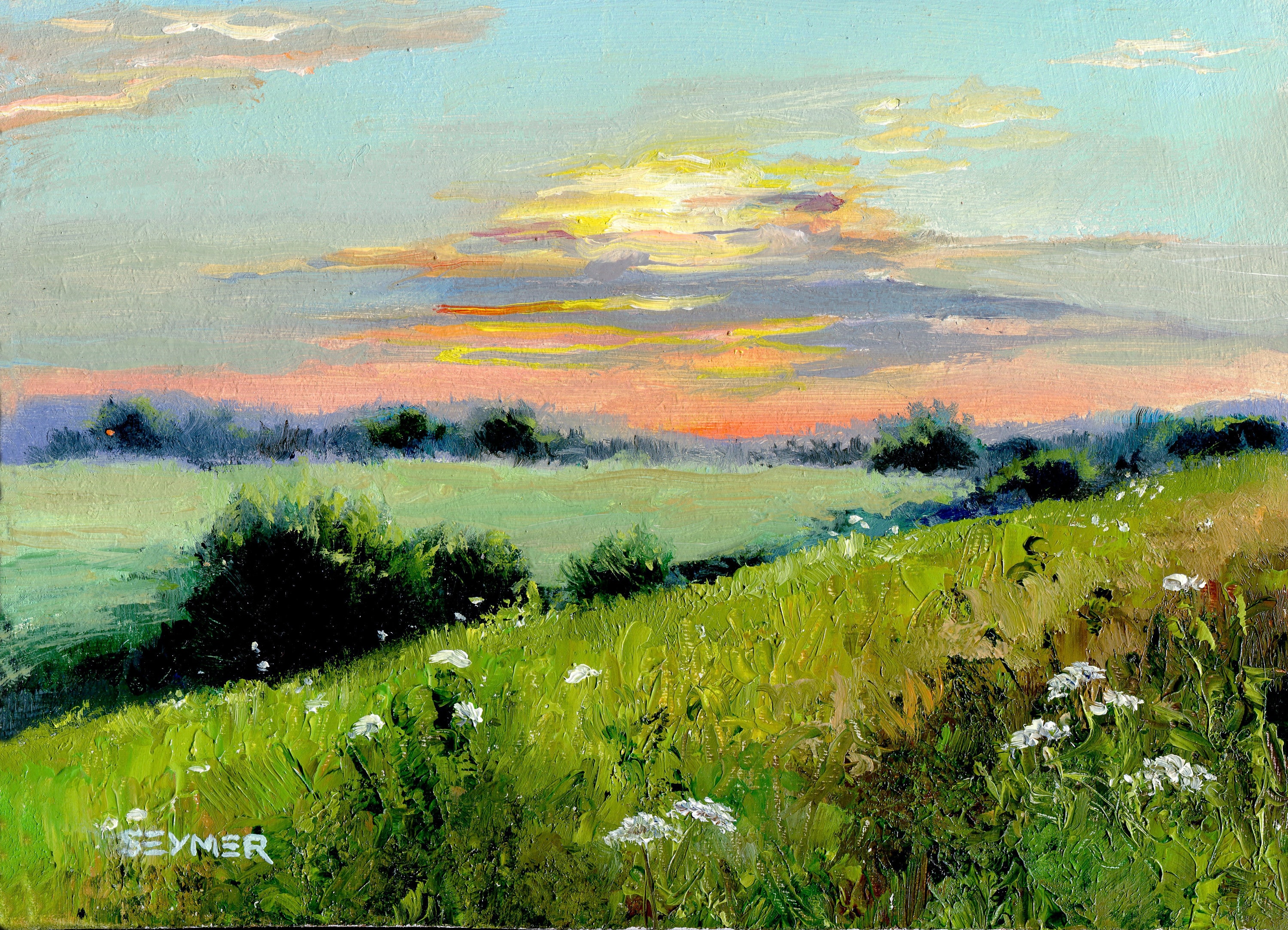 オリジナルのトスカーナ風景画、夏の草原の油絵、野の花のアートワーク