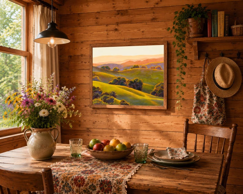 Peut inclure: Une peinture paysag&egrave;re encadr&eacute;e repr&eacute;sentant des collines verdoyantes sous un ciel de coucher de soleil chaud, expos&eacute;e sur un mur lambriss&eacute; au-dessus d'une table avec un vase en c&eacute;ramique, un bol de fruits et des assiettes en c&eacute;ramique.