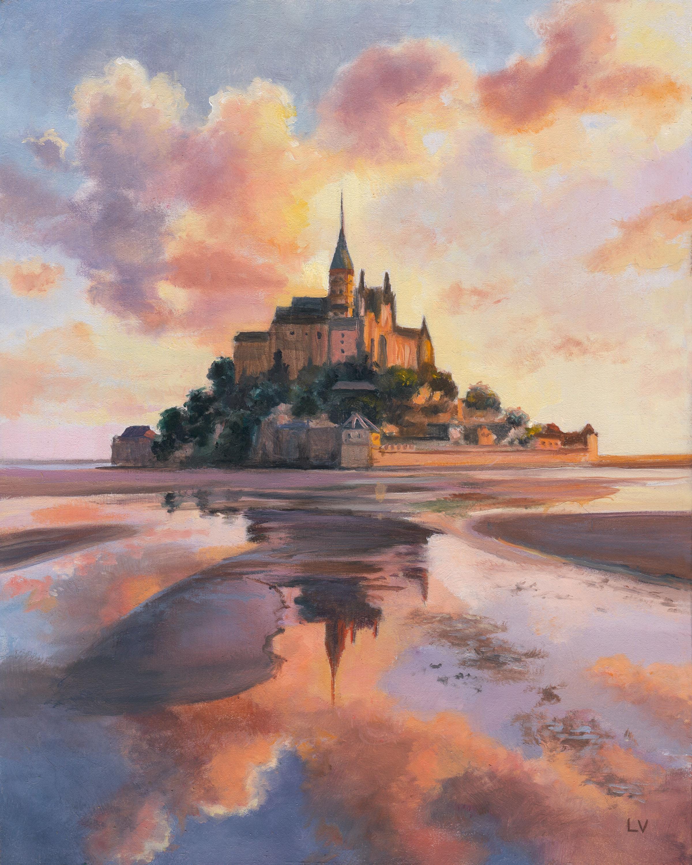 Mont Saint Michel 絵画 木製フレーム付き Mont Saint-michel ORIGINAL Painting, Historic Abbey Northern