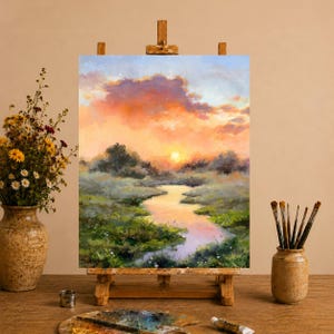 Misty river landscape ORIGINAL oil painting, Sky clouds sunset art, Foggy river mini artwork framed, Farmhouse wall decor, Cottagecore art