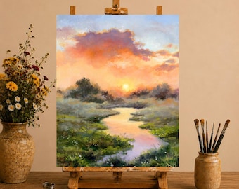霧のかかった川の風景 オリジナル油絵、空と雲と夕日のアート、霧の