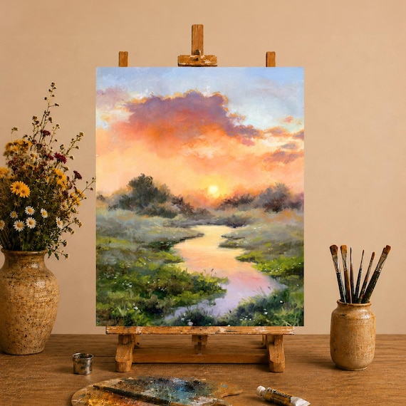 霧のかかった川の風景 オリジナル油絵、空と雲と夕日のアート、霧の