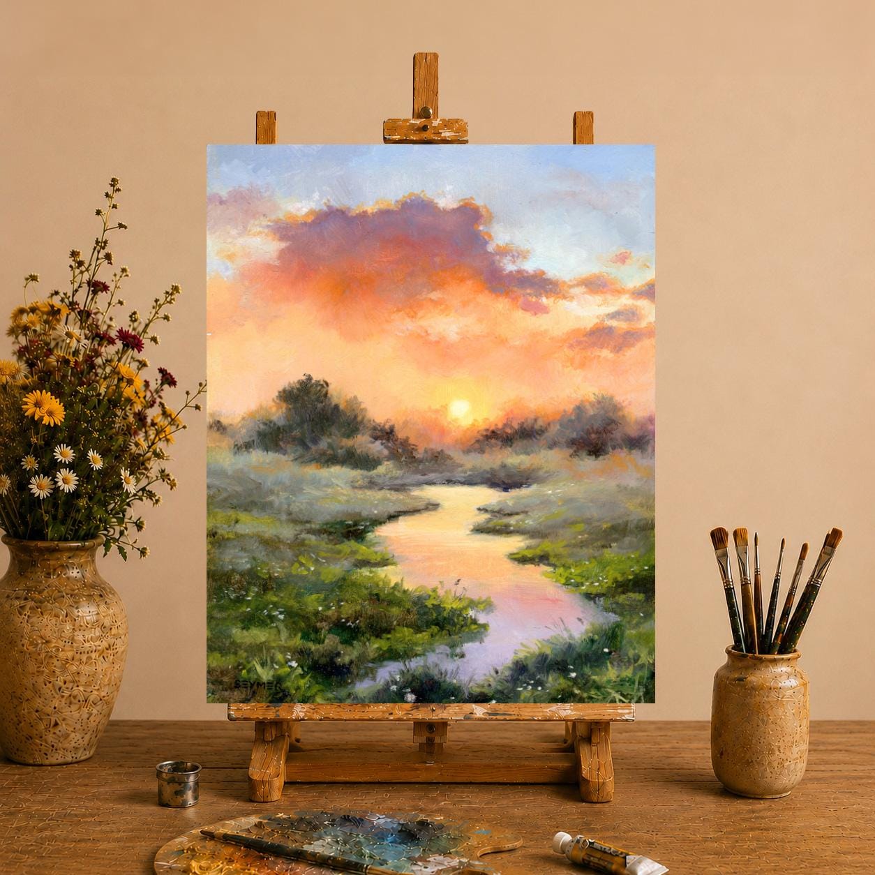 霧のかかった川の風景 オリジナル油絵、空と雲と夕日のアート、霧の